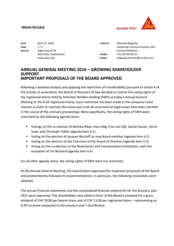 Annual General Meeting 2016 Growing Shareholder Support Important Proposals Of The Board Approved